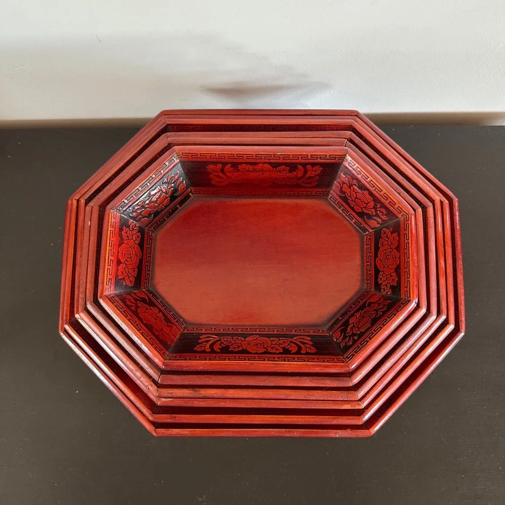 VTG Korean Red Lacquer Nesting Trays 6pc Set Octagon Carved Floral Asian Decor